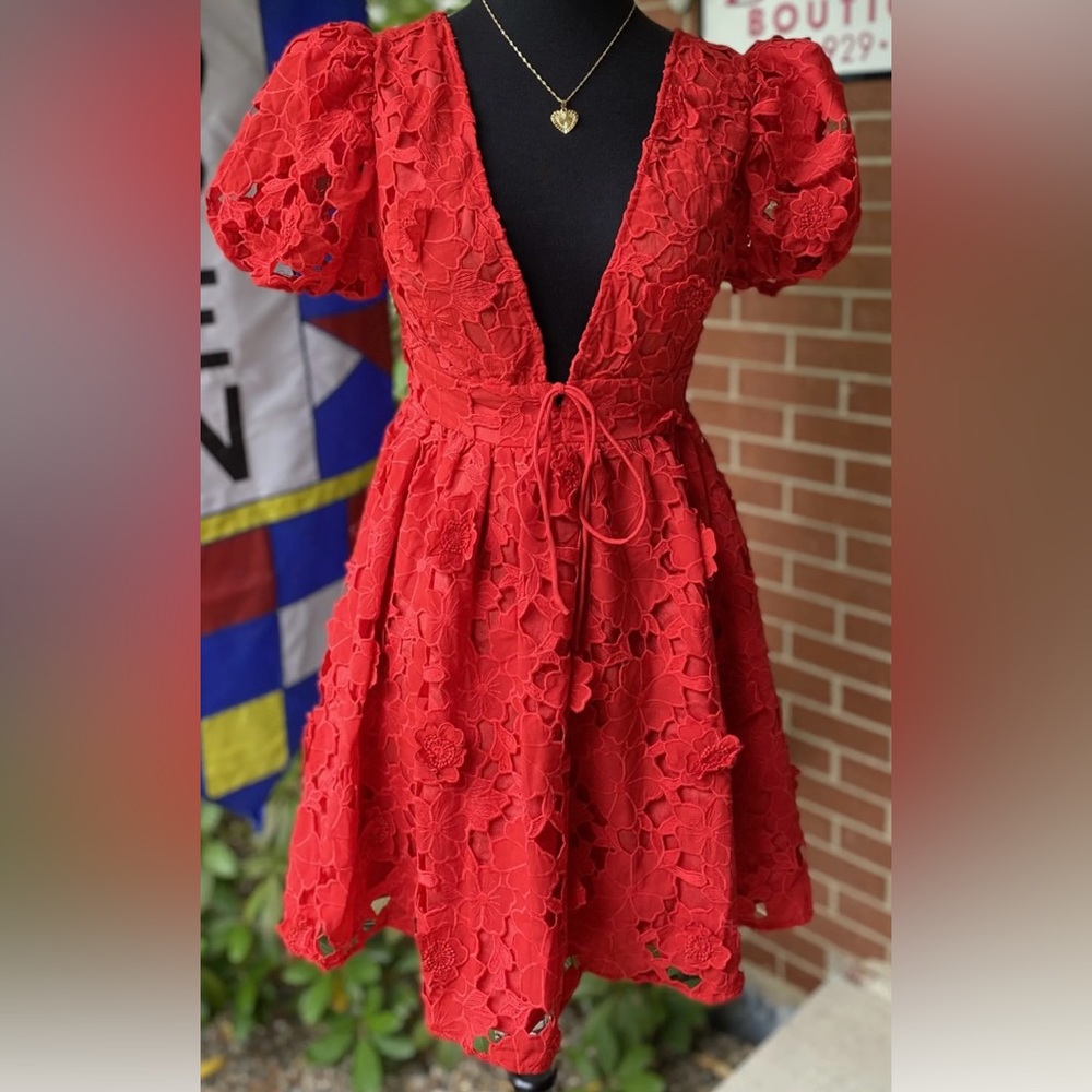 Main Strip Red Floral Lace Puff Sleeve Mini Dress